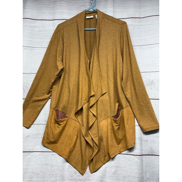 LOGO Lounge Gold Brown with Faux Suede Trim oversize Open front Blouse size L - Picture 1 of 14